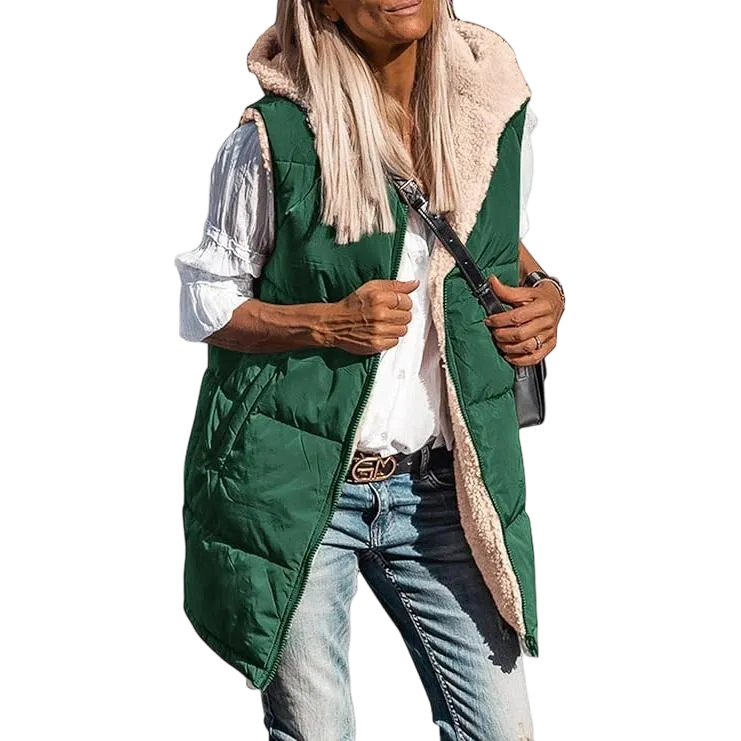 Women's military green double-faced fleece vest with pockets and a hood, long zip-up coat