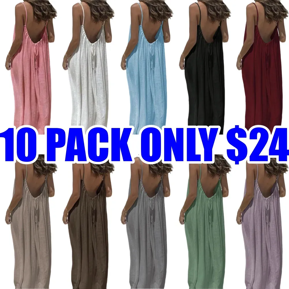 🔥Women's Cotton Linen Backless Loose Dress🔥10-Pack - All Colors Included, Only $24