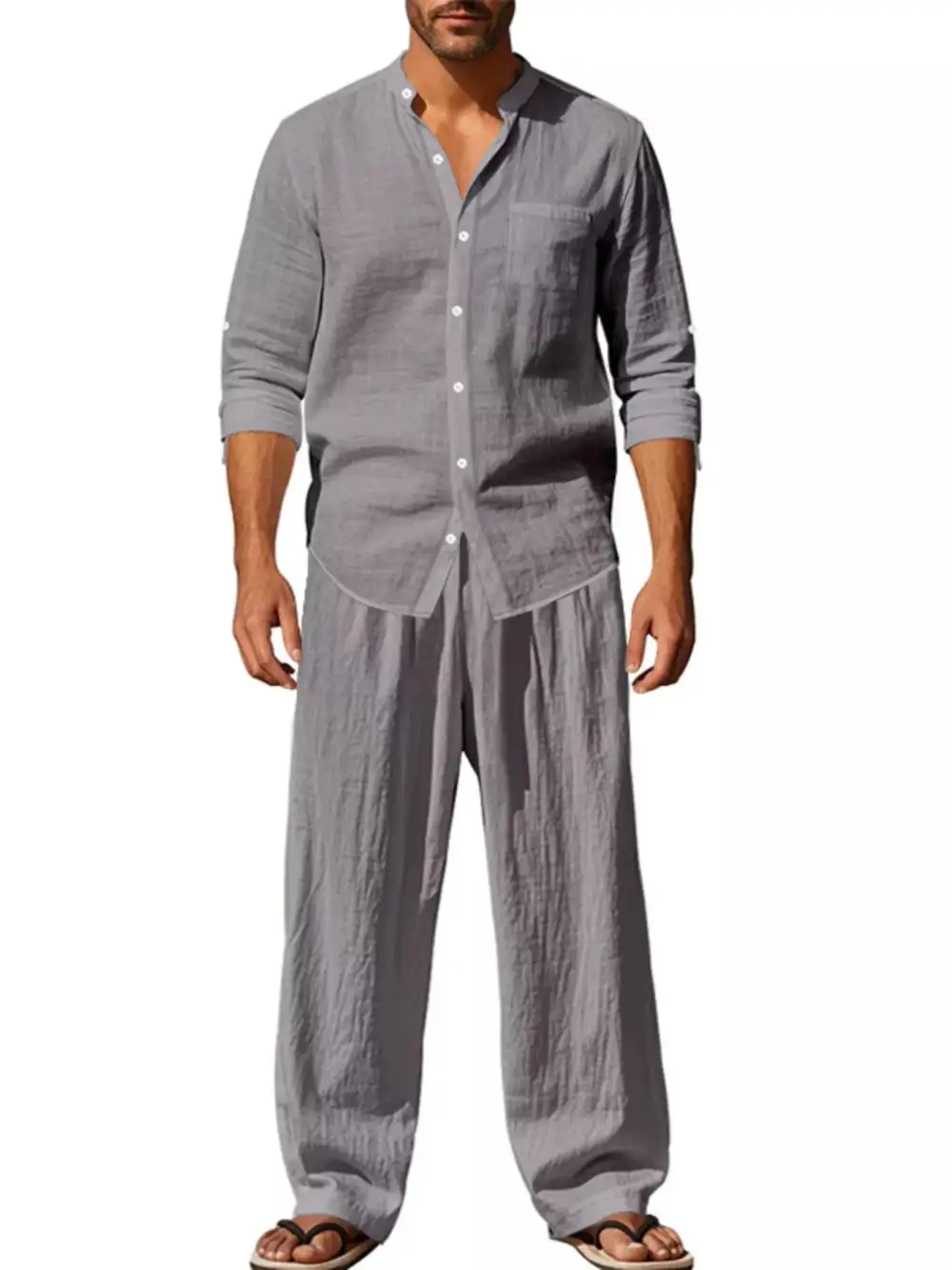 Button Up Long Sleeve Shirt and Pants Two Piece Set