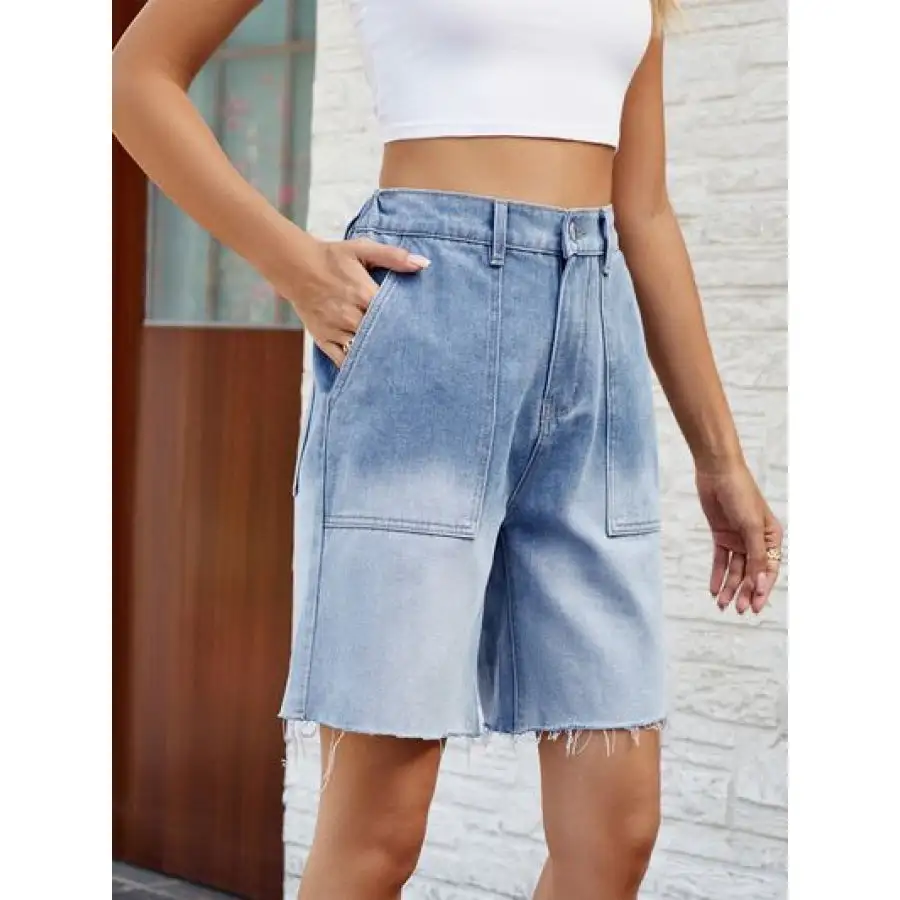 Buttoned Raw Hem Denim Shorts with Pockets