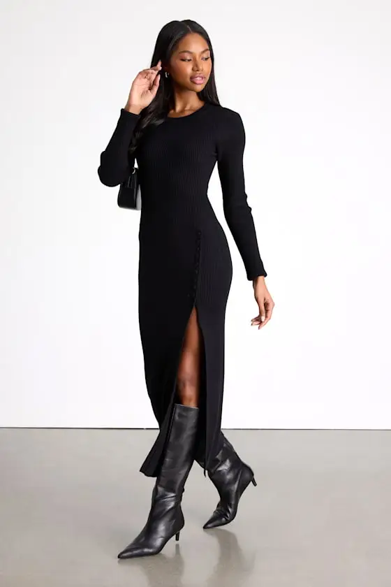 Refined Attitude Black Ribbed Side Button Midi Sweater Dress