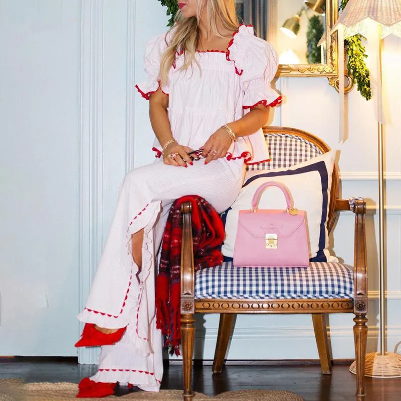 Women Pajama Set,Short Sleeve Square Neck T-shirt with Pants Sleepwear Loungewear