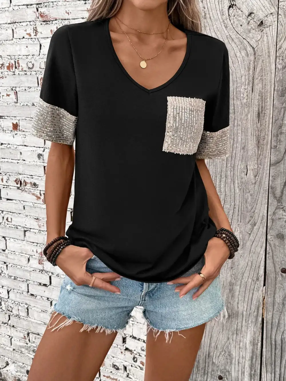 V-Neck Short-Sleeve Sequined T-Shirt