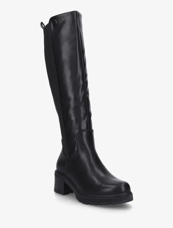 Soft Finish Stretch Panel Block Heel Faux Leather Knee High Boots