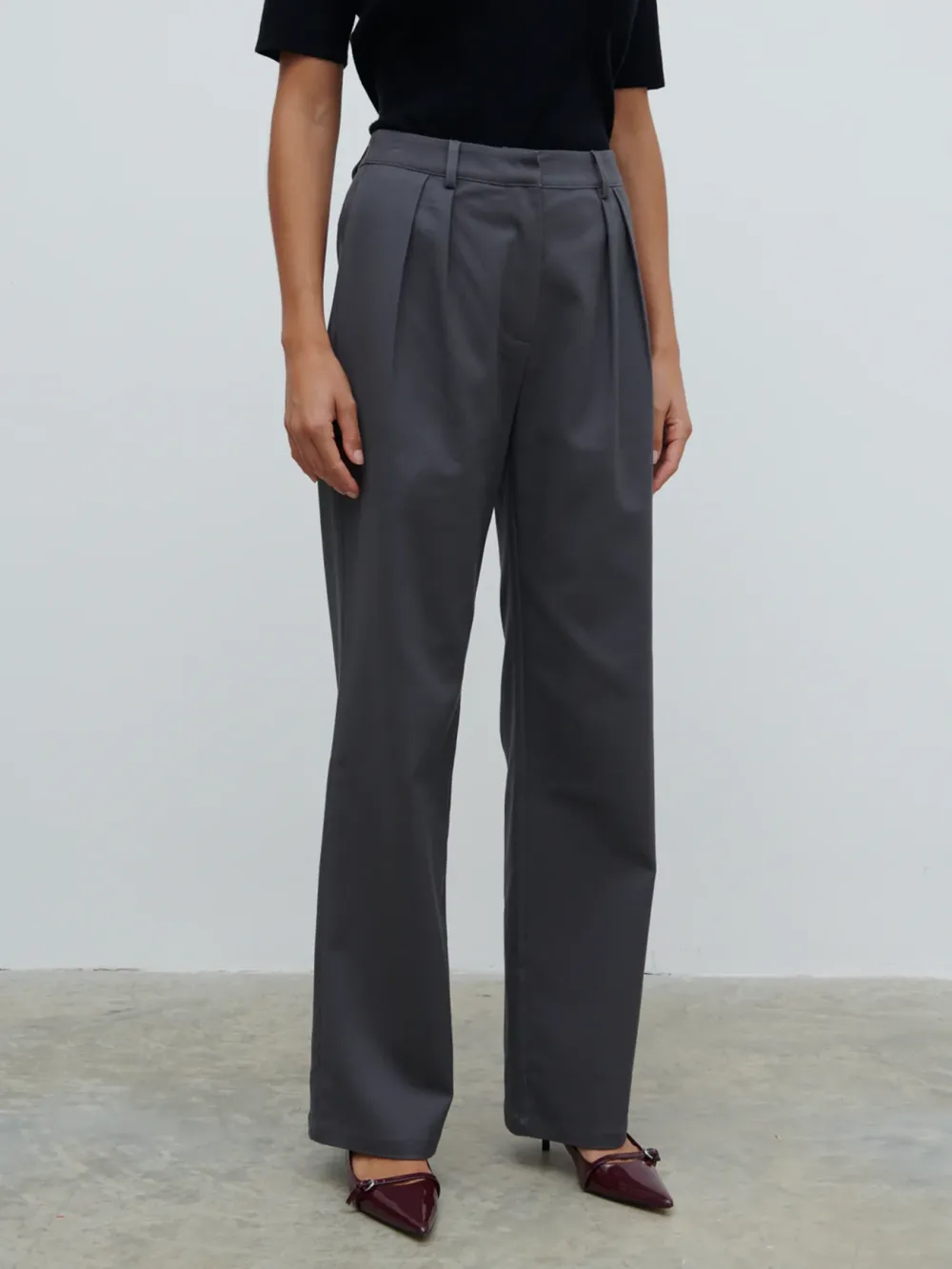 Wide-Leg Front Pleat Trousers