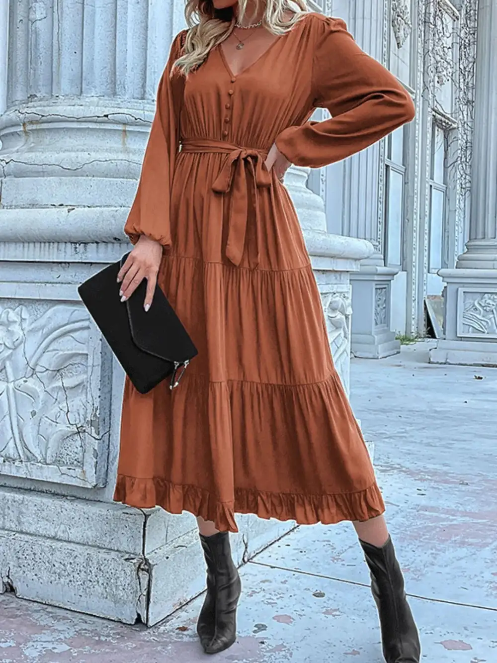 Smooth Finish V Neck Ruffle Dress