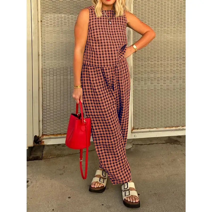 Lovelet Plaid Round Neck Sleeveless Top and Pants Set