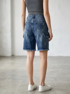Women's Casual Fashion Acid Wash Distressed Cargo Denim Shorts