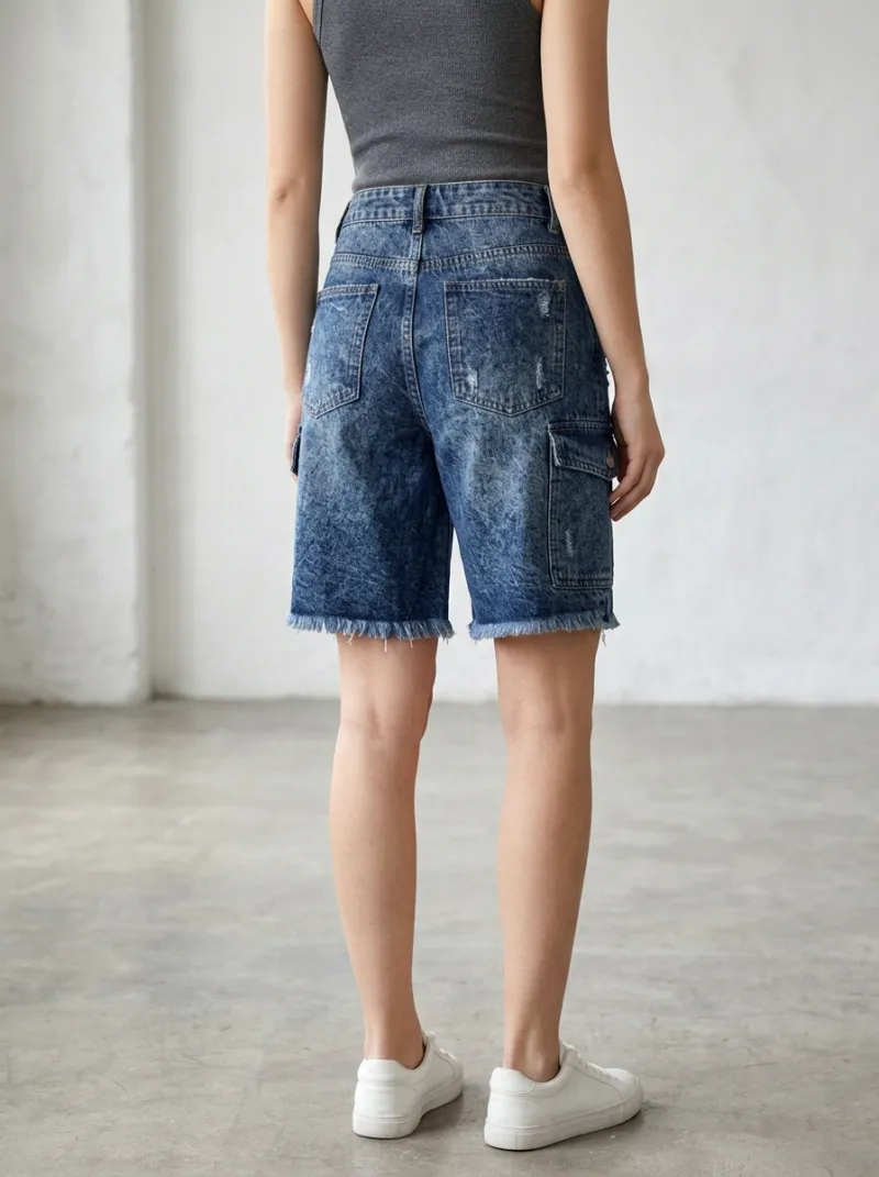 Women's Casual Fashion Acid Wash Distressed Cargo Denim Shorts