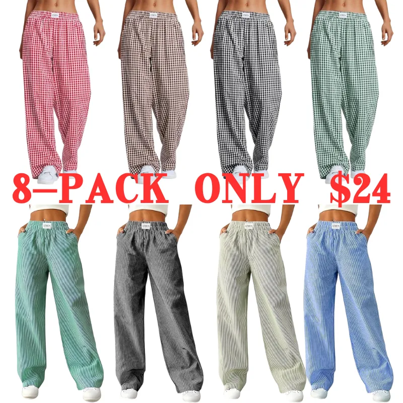 Women's Striped Gingham Boxer Pants Cotton Pajama Lounge Pj Casual Plaid Trousers  Beach Bottoms with Pockets