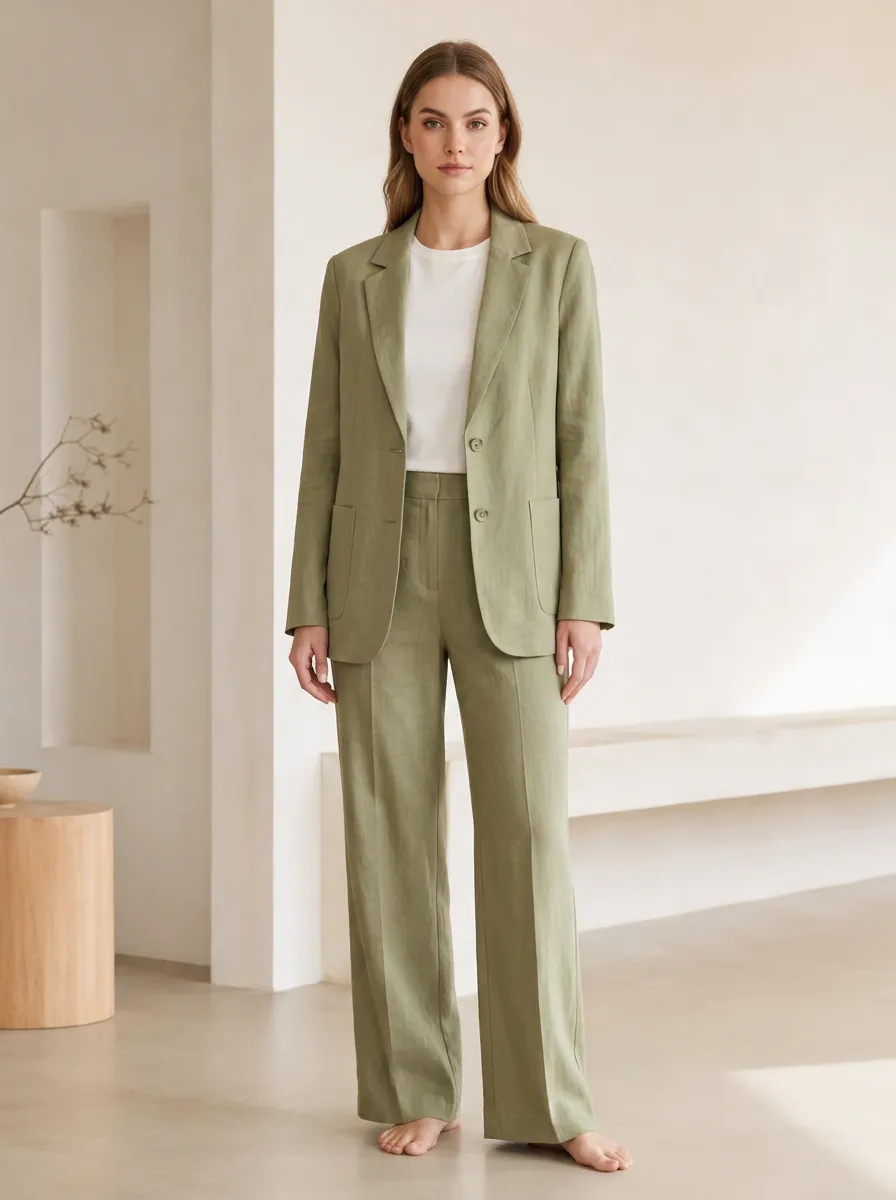 Women's Sage Green Minimalist Linen Blend Blazer Trouser Suit