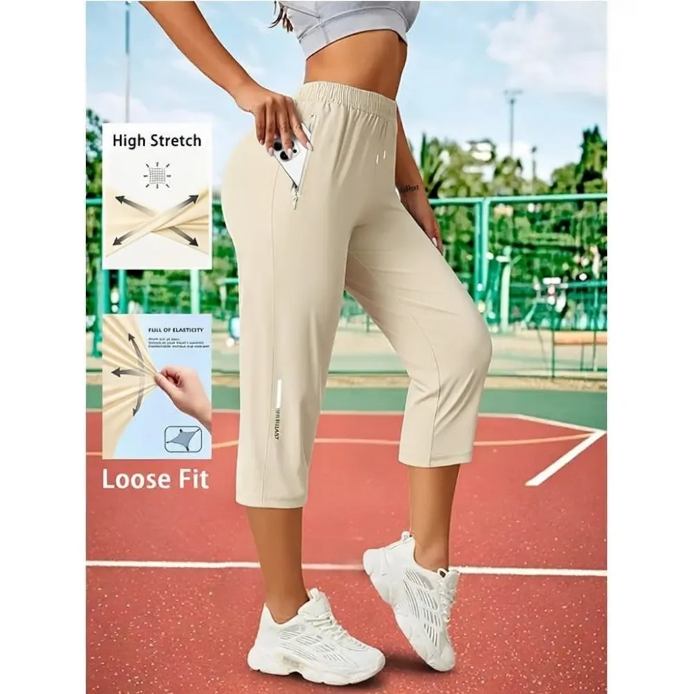Women’s Capri Pants – Loose Fit, Summer Drawstring Waist, Zipper Pockets, Breathable High-Stretch Fabric, Suitable for Everyday Wear