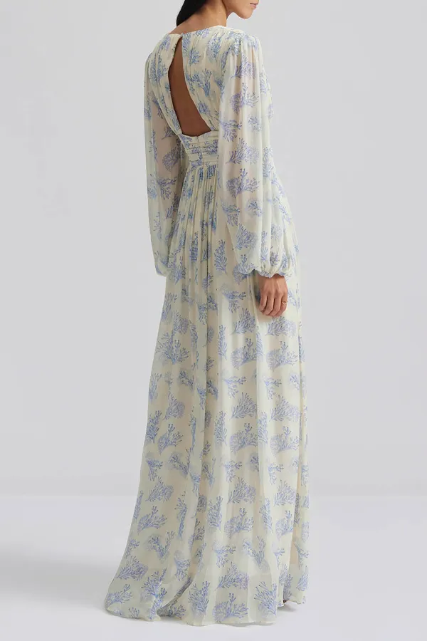 V Neck Floral Print Chiffon Maxi Dress