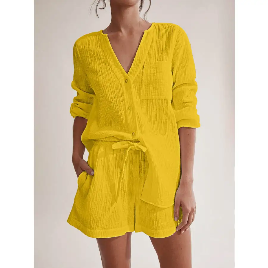 Relaxed Notched Long Sleeve Top and Shorts Set