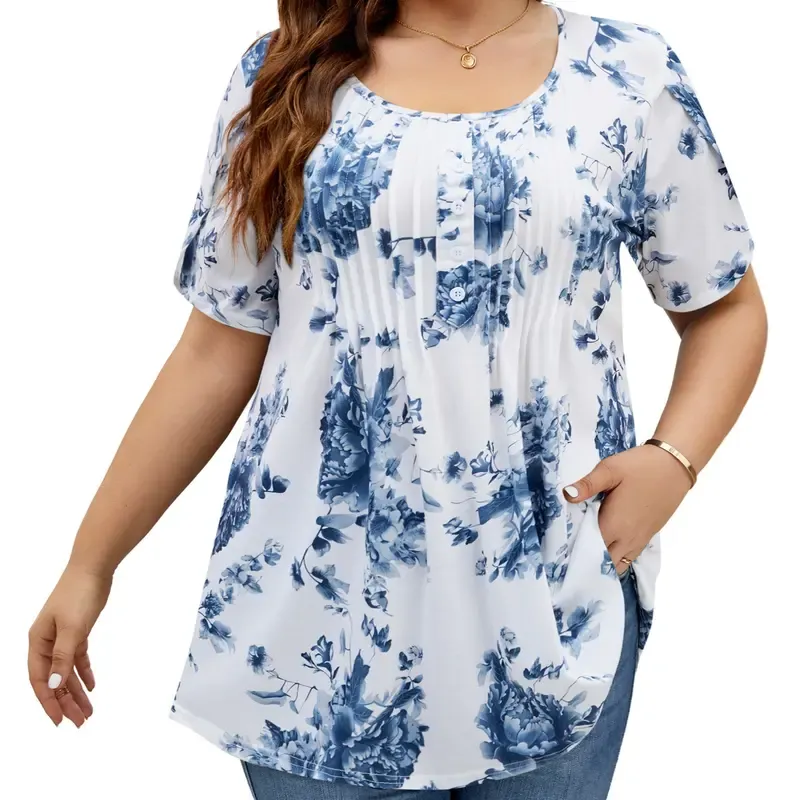 Women's Plus Size Summer Waist-Cinching Top with Round Neck and Printed Casual Short Sleeves