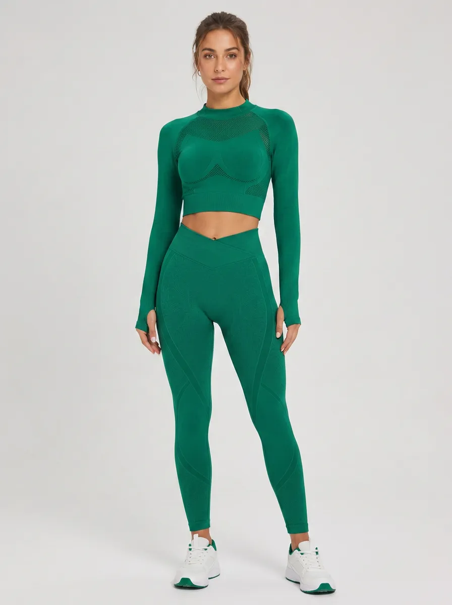 Women's Gym Fitness Green Seamless Long Sleeve Yoga Set