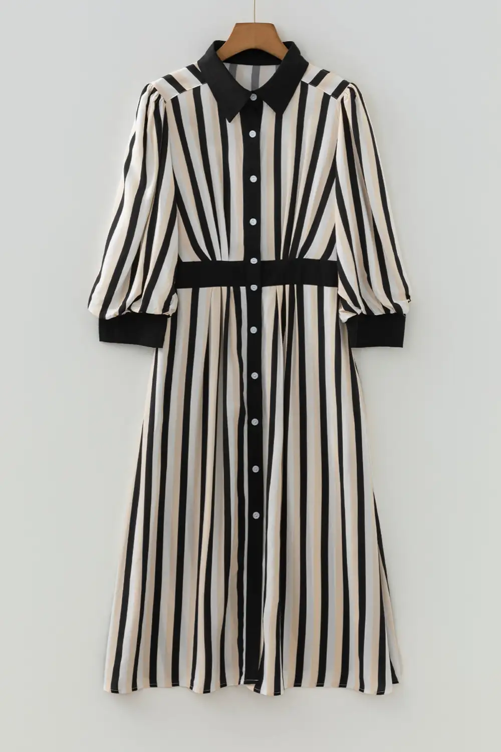 Striped Button Front Puff Sleeve Midi Dress