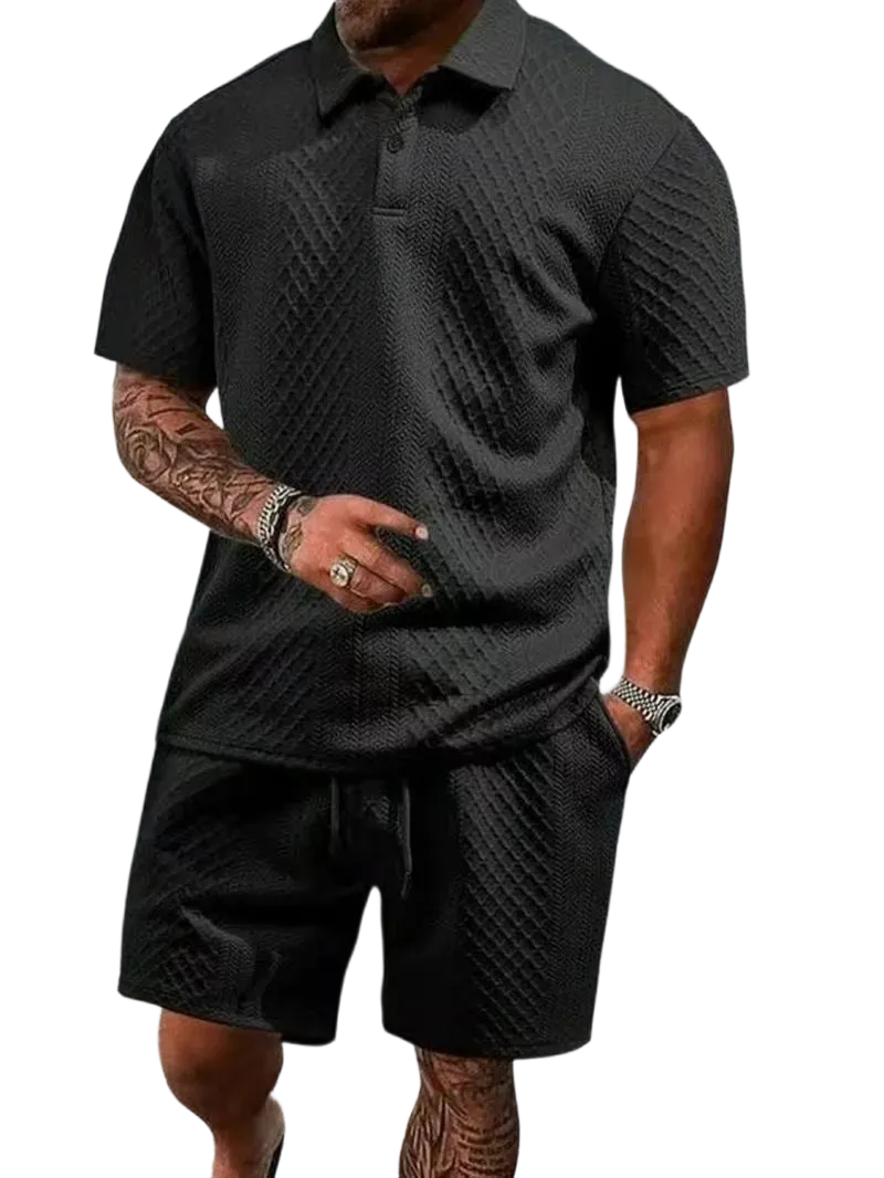 Men's Summer Casual Textured Polo Shirt and Shorts Two-Piece Set
