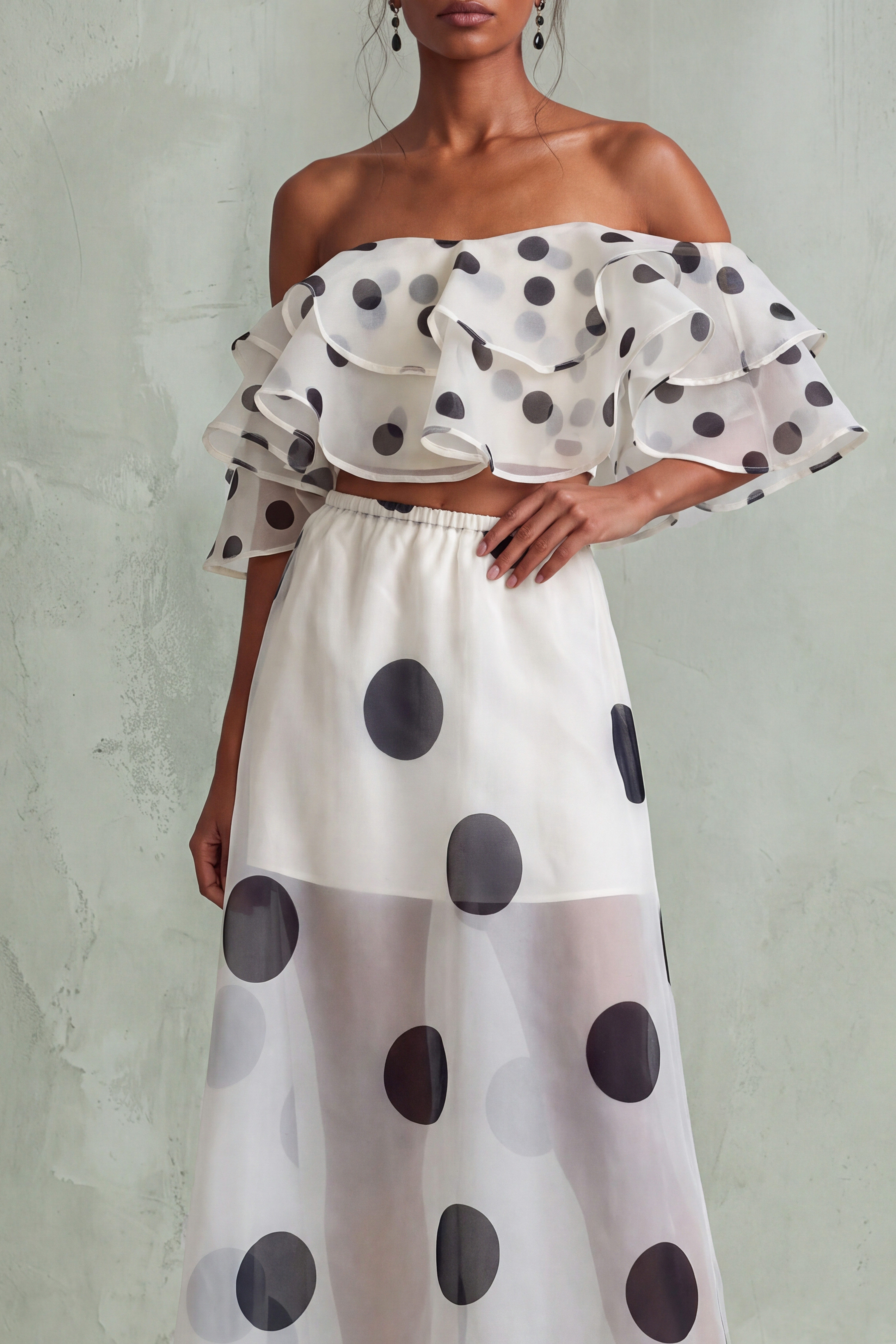 Off Shoulder Polka Dot Matching Skirt Set