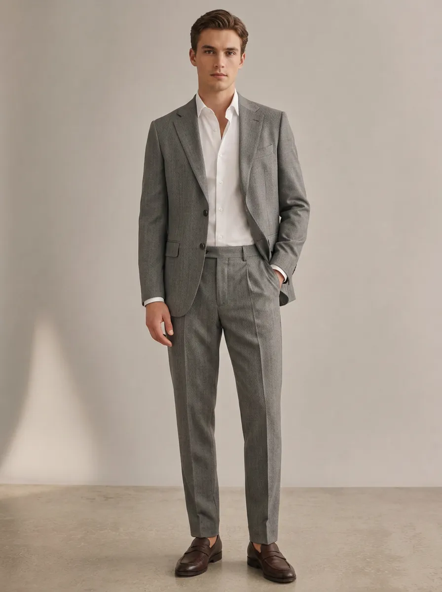 Men's Business Formal Grey Herringbone Tailored Suit