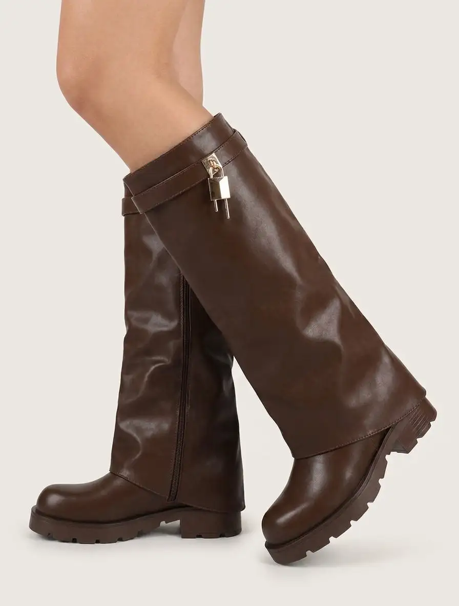 Elegant Block Heel Fold-Over Faux Leather Knee High Boots