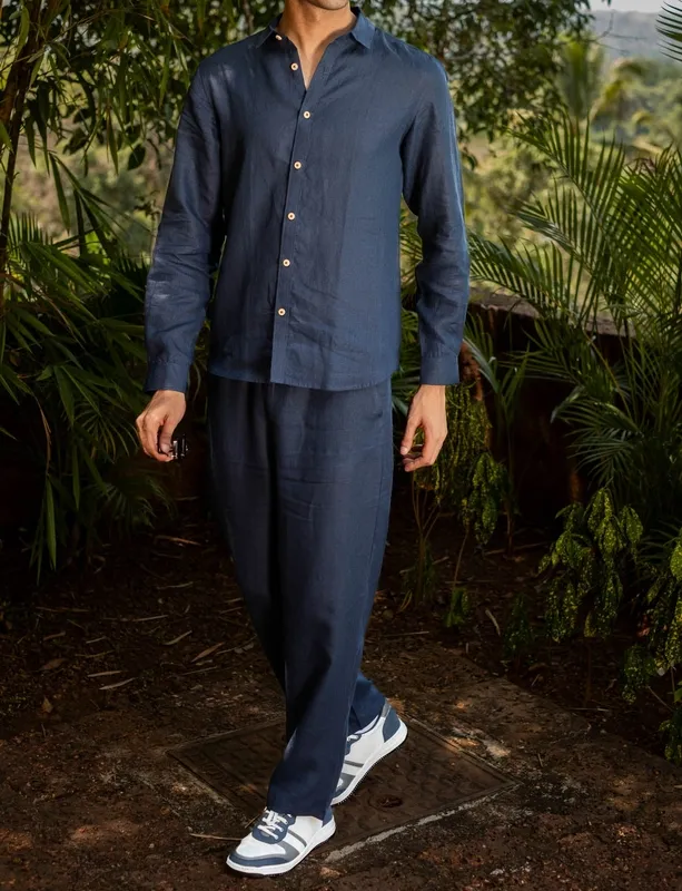 Navy Minimal Linen Button-Up Shirt