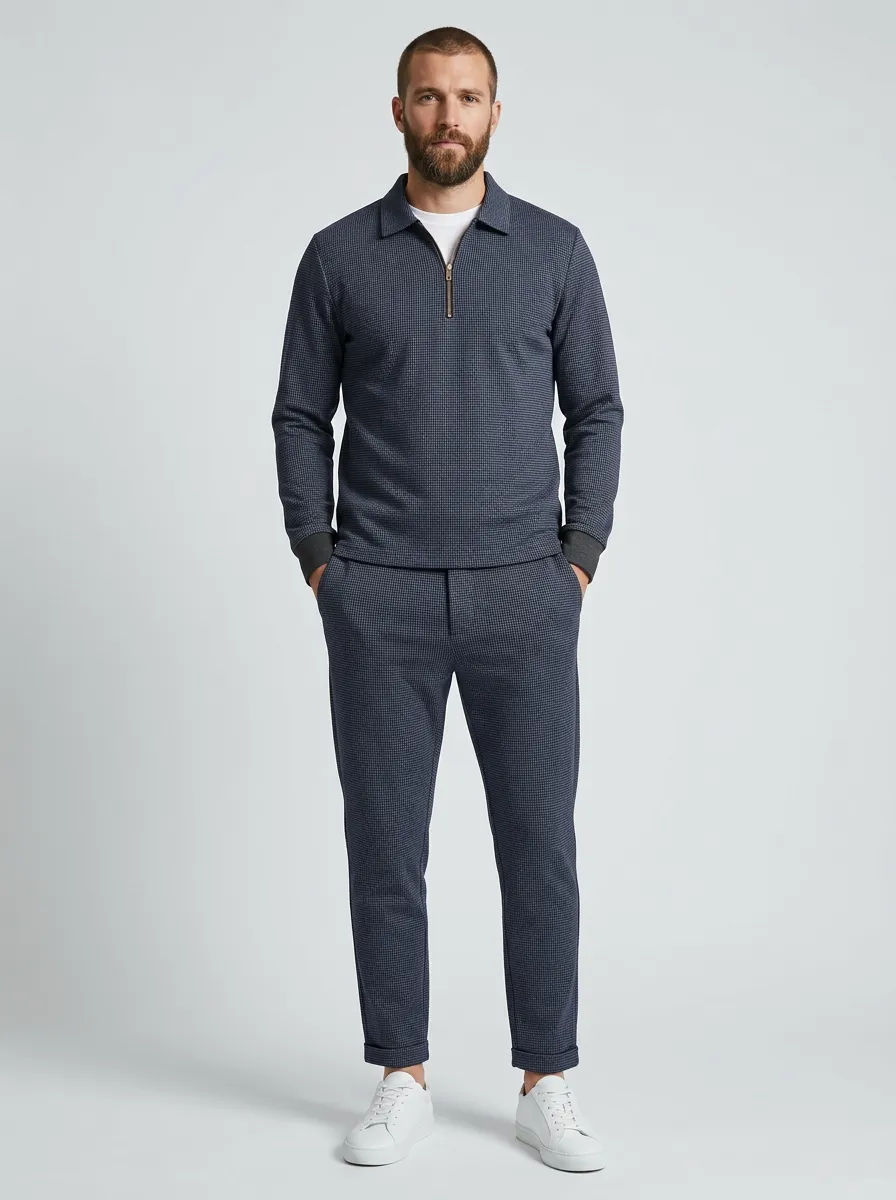 Men's Houndstooth Smart Casual Polo Collar Jacket and Jogger Pants Set