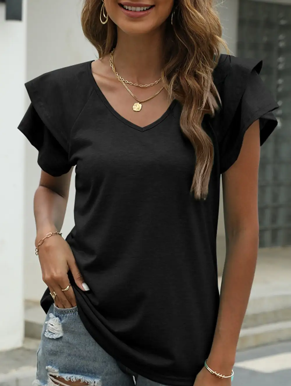 Solid Color V-Neck Ruffle Sleeve T-Shirt