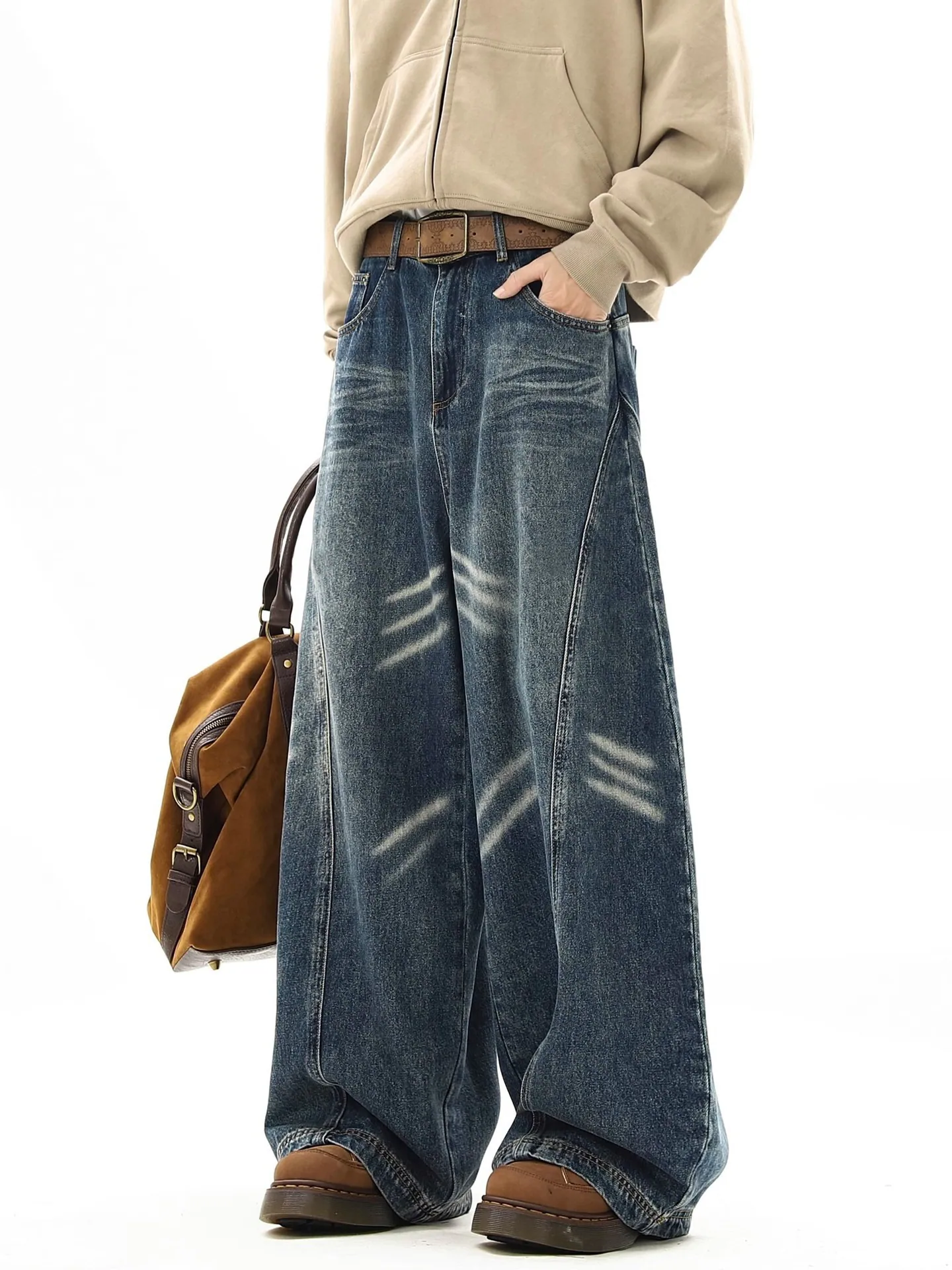 Vintage Whisker Wash Curved-Leg Denim Pants