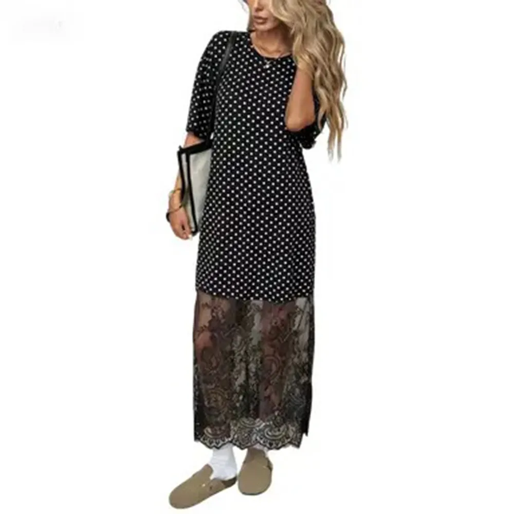 Women’s Oversized Tee Maxi Dress – Lace Hem Drop Shoulder Casual Chic
