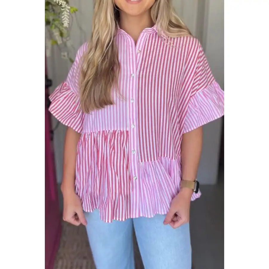 Button Down Striped Ruffled Hem Shirt