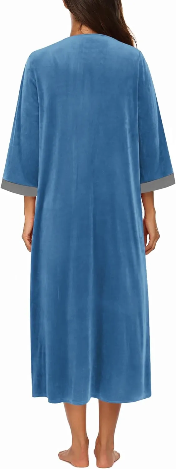 50% OFF Women Zipper Robe 3/4 Sleeves Loungewear Dress Full Length Sleepwear Pockets Housecoat Nightgown Long Bathrobe