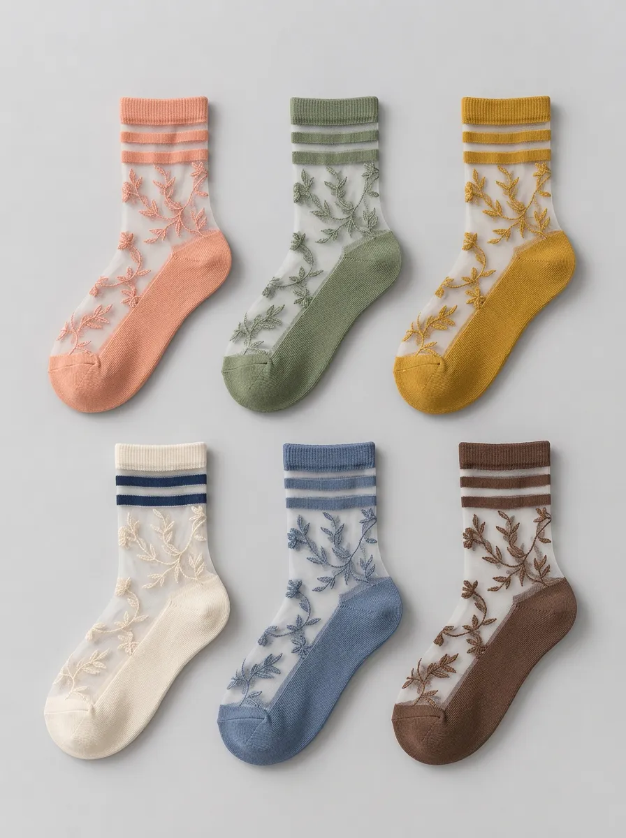 Women's Multicolor Floral Sheer Crew Ribbed Socks 6-Pack