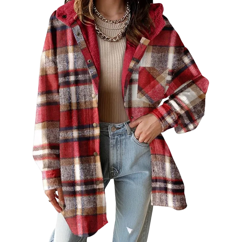 Women's Flannel Hooded Plaid 2025 Shacket Thick Coat
