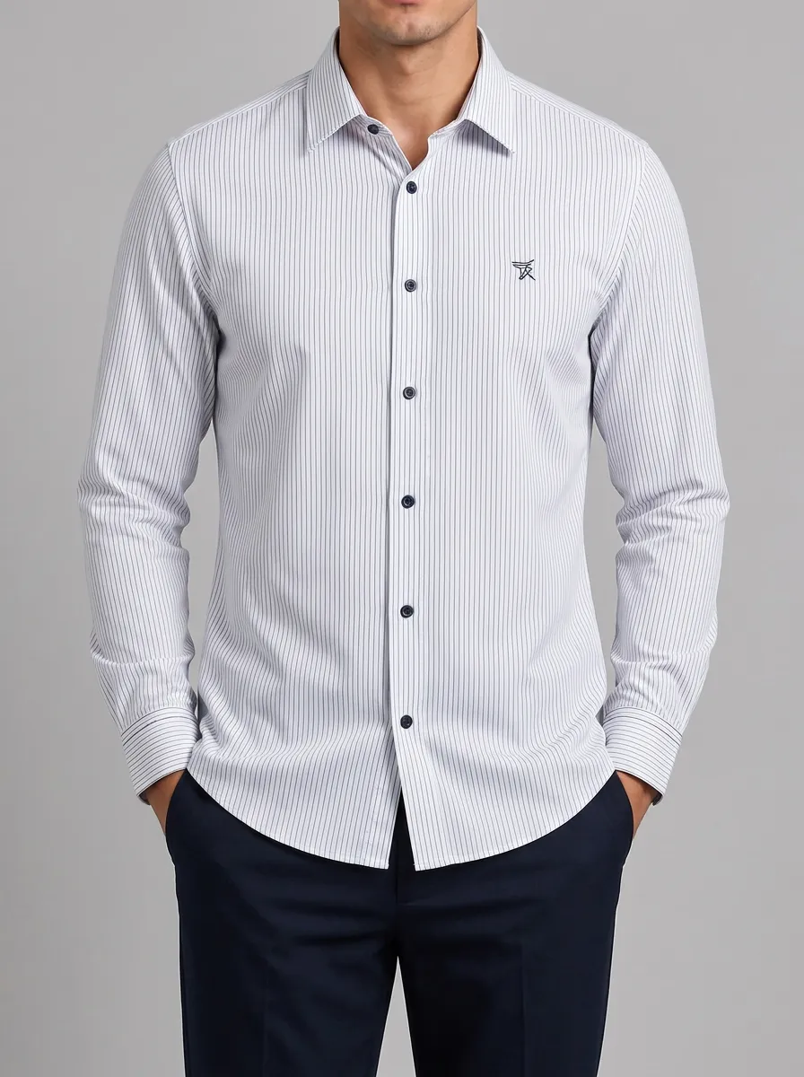 Men's Business Casual Vertical Striped Embroidered Long Sleeve Shirt