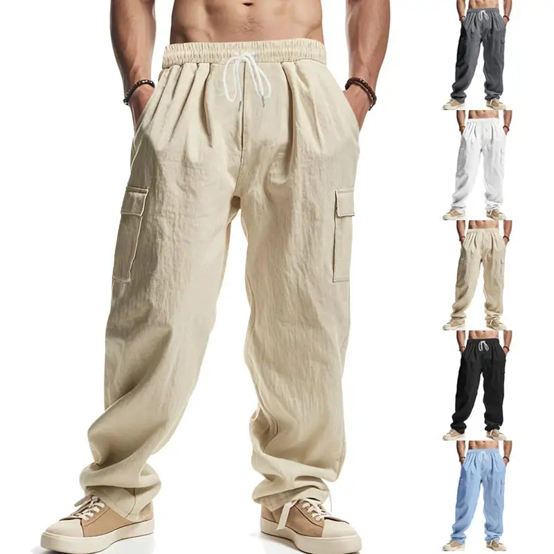 Men's Light Cargo Pants Pockets Straight Leg