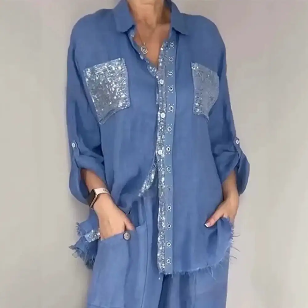 Wide-Leg Long-Sleeve Lapel Women's Matching Set
