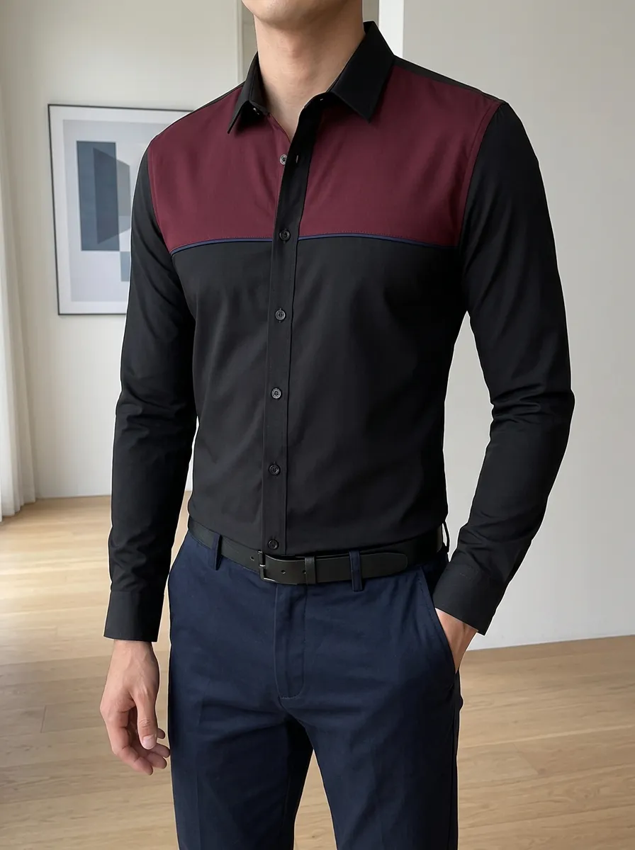 Men's Business Casual Burgundy Black Colorblock Slim Fit Button Down Shirt