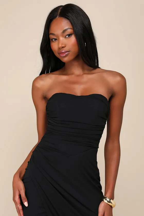 Epitome of Allure Brown Mesh Strapless Ruched Maxi Dress