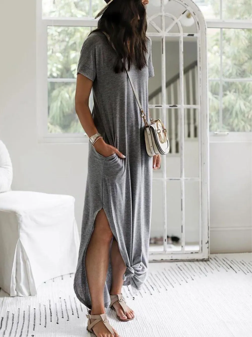 Women'S Solid Color Batwing Sleeve Lounge Dress, Casual Elegant Comfy Short Sleeve Baggy Nightdress For Daily Wear, Ladies Sleepwear For All Seasons, Womenswear, Night Gown Women