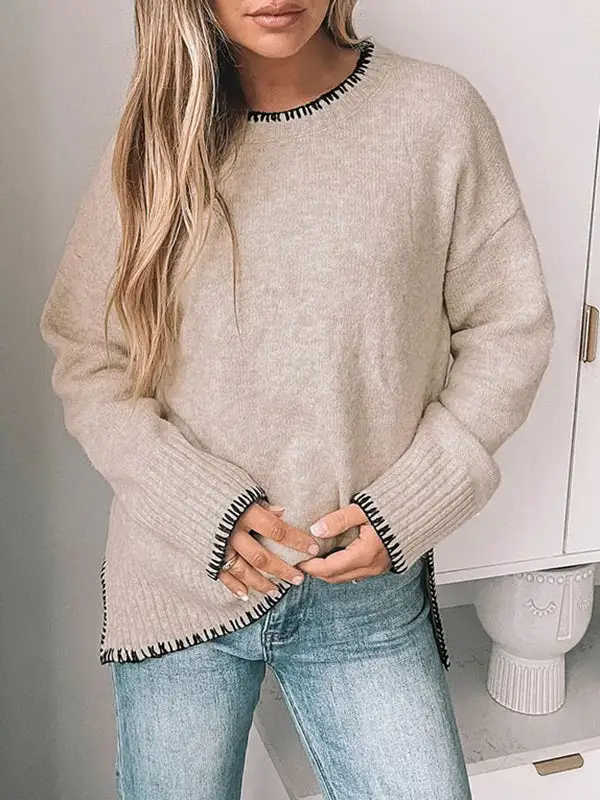 High Low Split Hem Paneled Round Neck Long Sleeve Pullover Sweater