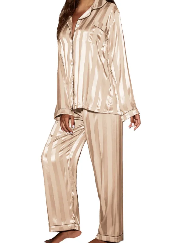 Silky Vertical Stripe Long Sleeve Pajama Set