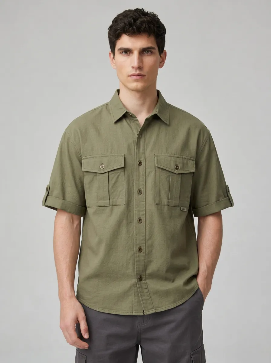 Men's Olive Green Tactical Cargo Short Sleeve Button-Down Shirt