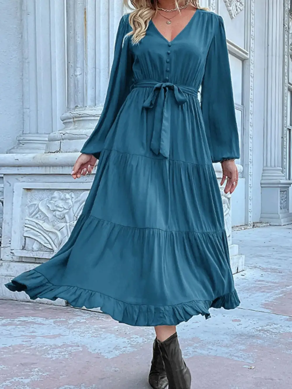 Smooth Finish V Neck Ruffle Dress