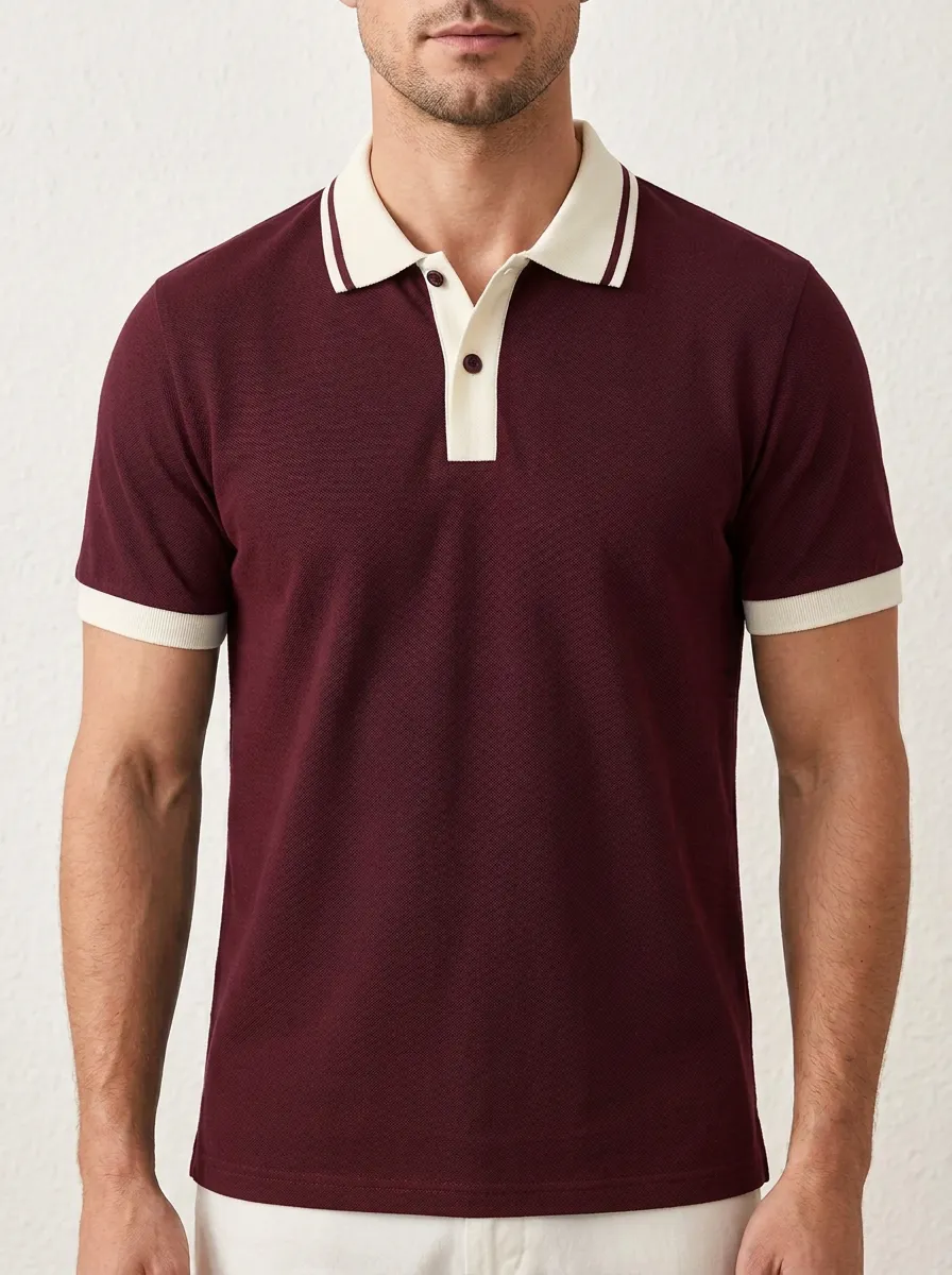 Men's Navy Blue Contrast-Collar Short Sleeve Polo Shirt