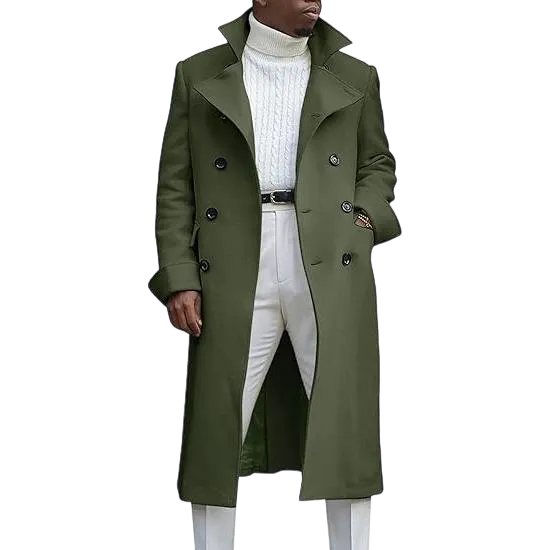 Men's Notch Lapel Double Breasted Long Trench Coat Casual Cotton Blend Peacoat