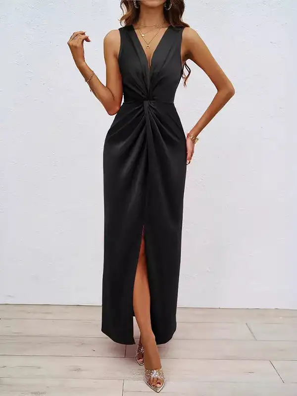Front Pleated Sleeveless Neck Maxi Dress