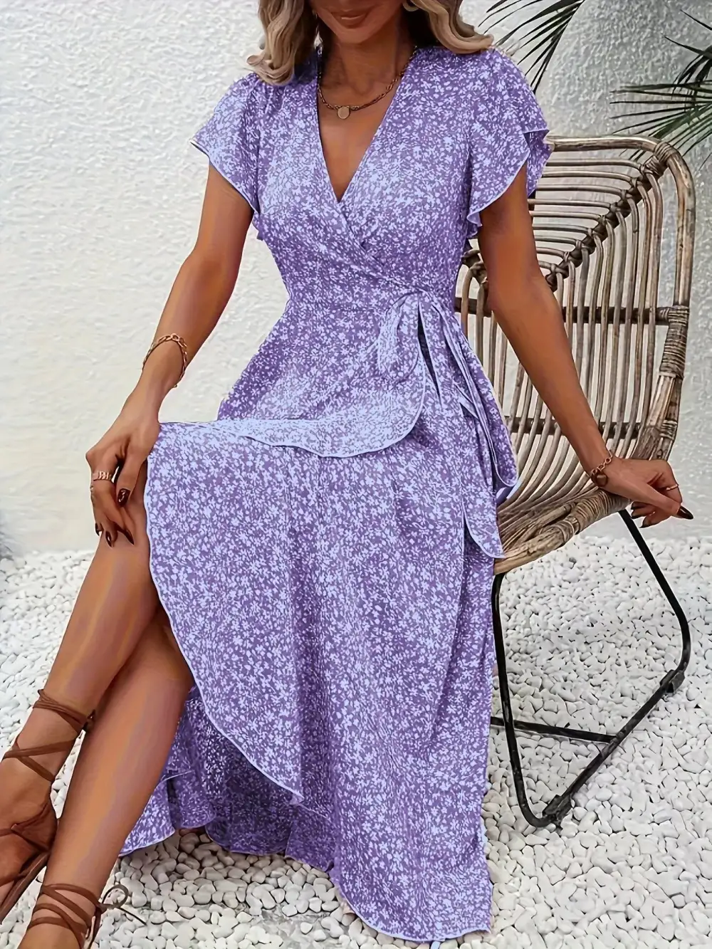 Print Ruffle Hem Wrap Midi Dress