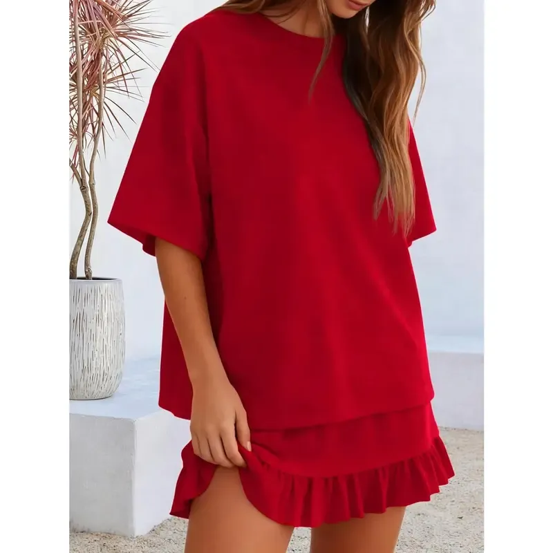 Women's Oversized Ruffle Hem Short Sleeve Set