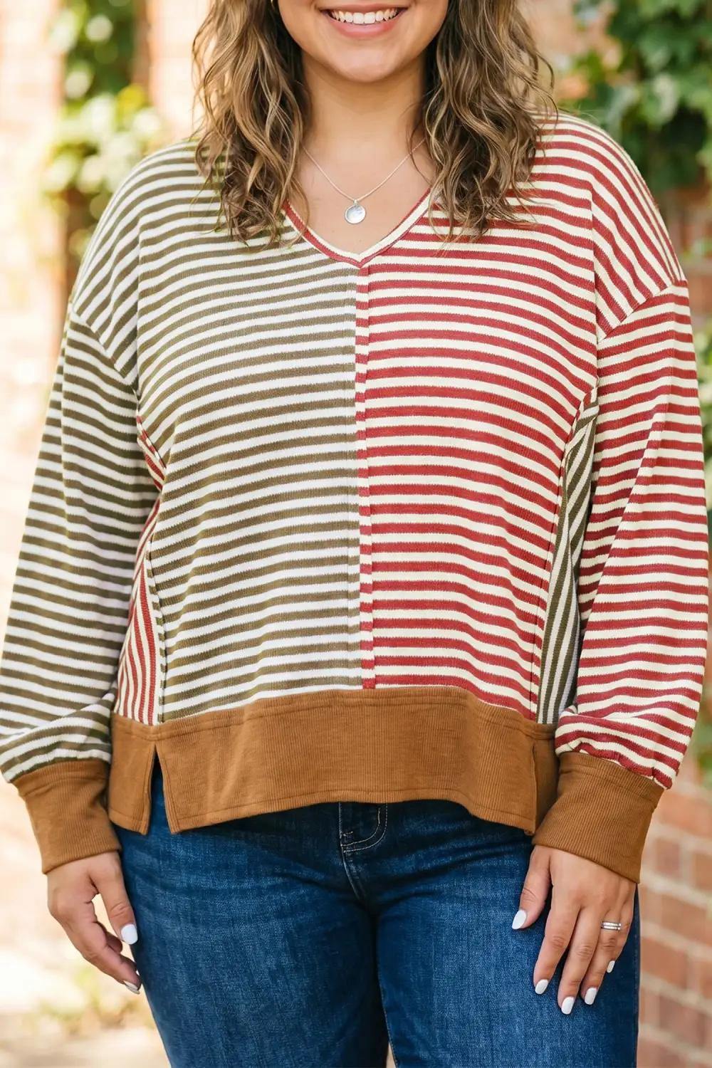 Striped V Neck Ribbed Oversized Stretch Fabric Long Sleeve Top